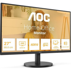 AOC U27B3M - 27 colių Ultra HD monitorius, adaptyvioji sinchronizacija, HDR10 (3840 x 2160, 4K, 60 Hz, 2 x HDMI 2.0, 1 x DisplayPort 1.4), juodas