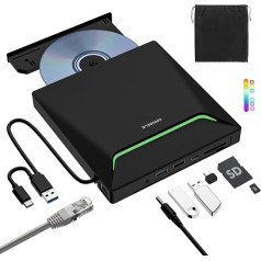 ORIGBELIE Naujausias išorinis DVD įrenginys, USB 3.0 išorinis DVD įrašymo įrenginys su RJ45 Ethernet adapteriu, 3 USB ir 2 TF/SD kortelių prievadai, išorinis CD įrenginys nešiojamajam kompiuteriui MacBook PC Windows Linux Mac OS