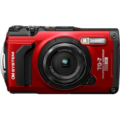 OM SYSTEM Tough TG-7 raudonas skaitmeninis fotoaparatas Vandeniui atsparus smūgiams po vandeniu Makro fotografavimo režimai 4K vaizdo įrašai 4x plačiakampis priartinimas (Olympus TG-6 įpėdinis)