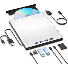 Išorinis CD DVD diskas USB 3.0 Type-C CD diskas Išorinis USB diskas su SD/TF kortelių skaitytuvu, išorinis CD diskas nešiojamajam kompiuteriui, nešiojamasis išorinis DVD įrašymo įrenginys nešiojamajam kompiuteriui MacBook Windows XP/7/8/10/11 M