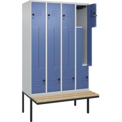 C + P Möbelsysteme C+P | Z-Spind Classic Plus Sitzbank | 4 Abteile | lichtgrau/fernblau | B 1200 mm | Sicherheits-Drehriegel | auskragend | Buche-Hartholz