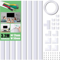 Kabelių kanalas, lipnus, baltas, 320 cm, PVC kabelių dangtis, kabelių kanalas kabeliams slėpti, TV kabelių kanalas visiems elektros kabeliams namų ūkyje / biure, 8 vnt. x L40 cm x W3 cm x H1.7 cm