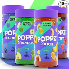 BubbleMania POPPZ® Bubble Tea karoliukai | 4 vaisių karoliukų pakuotė - vyšnia, žalias obuolys, persikas, mėlynė | Veganiški Bobos tapijokos karoliukai gėrimams ir desertams