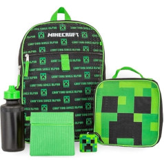 Bioworld Minecraft Crafting Alpha Creeper 5 dalių kuprinės rinkinys, vandens buteliukas, pietų dėžutė, užkandžių krepšys, žalias, žalias