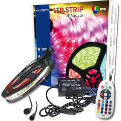 5 metrų RGB LED šviesos diodų juostelės komplektas tiesiogiai 220v su valdikliu ir nuotolinio valdymo pulteliu RGB spalvos vandeniui atsparus pjūvis kas 12,5 cm