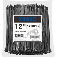 XINGO 12 colių juodos spalvos kabelių raiščiai, 1200 pakuočių, atsparūs UV spinduliams, atsparūs UV spinduliams, aukščiausios kokybės savaime užsifiksuojantys plastikiniai raiščiai, skirti naudoti patalpose ir lauke