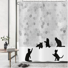 Hnmdmyi Juokinga katė Dušo užuolaida, 180 x 200 cm, abstrakčios juodos katės siluetas Dušo užuolaidos, pilka mozaikinė vonios užuolaida, vandeniui atsparus poliesterio audinys, plaunama vonios užuolaida vonios kambariui su kabliukais