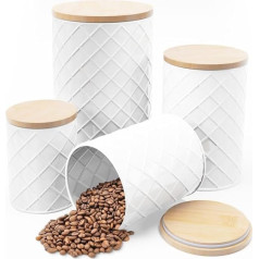 Pebble & Stem 4er Set Vorratsdosen Metall Weiß - Luftdichte Aufbewahrungsdosen für Mehl, Zucker, Kaffee, Tee - Moderne Küchenbehälter im Farmhaus-Stil, Dekorativ für die Arbeitsplatte