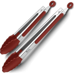 Nerūdijančio plieno žnyplės maistui gaminti - 9 ir 12 colių žnyplės su silikoninėmis guminėmis rankenomis, mažos ir didelės - metalinės BBQ žnyplės su užraktu (raudonos spalvos)