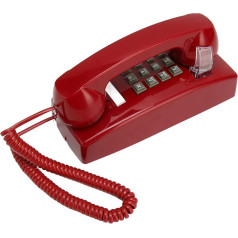 Senoviniai sieniniai fiksuotojo ryšio telefonai, senovinio stiliaus retro sieninis telefonas, raudonas laidinis telefonas, montuojamas ant sienos su garsumo reguliatoriumi, skirtas senjorams, viešbučio virtuvė